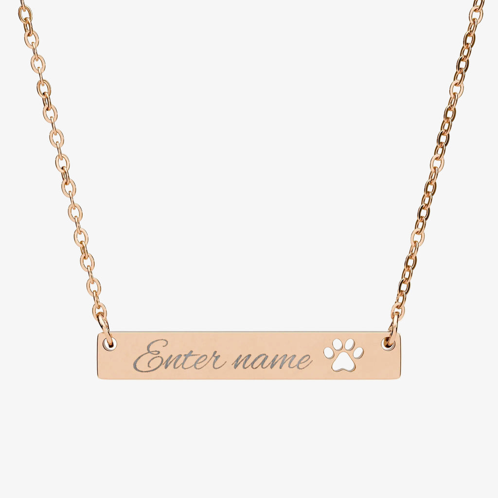Necklace with a bar pendant with paw engraving that allows to choose a custom name on a white background