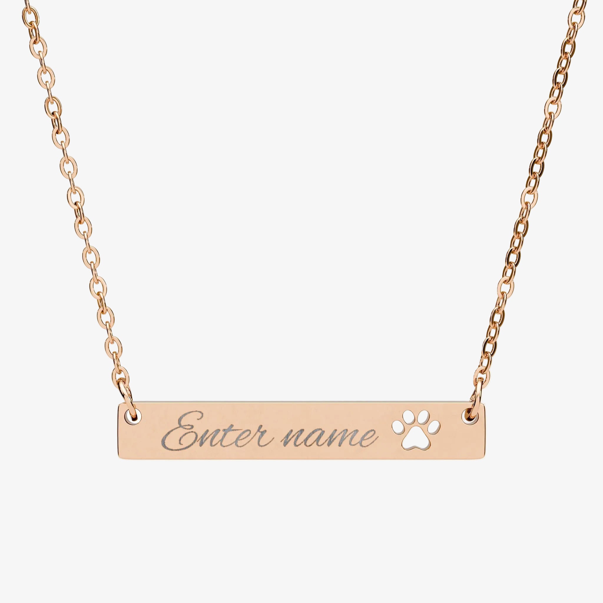 Necklace with a bar pendant with paw engraving that allows to choose a custom name on a white background
