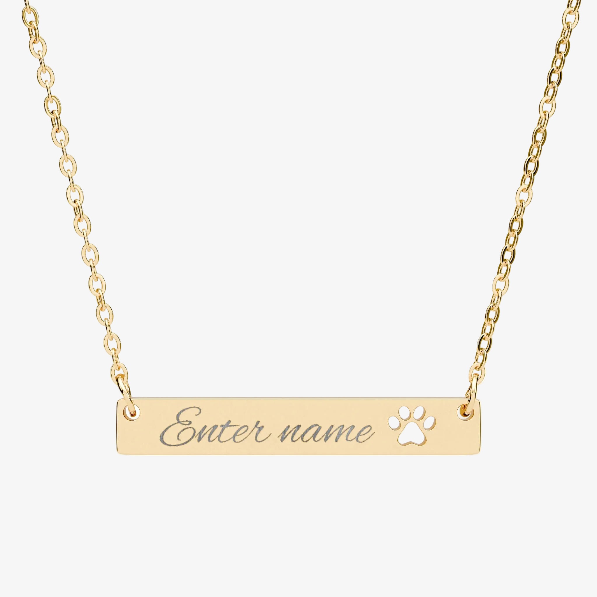 Necklace with a bar pendant with paw engraving that allows to choose a custom name on a white background