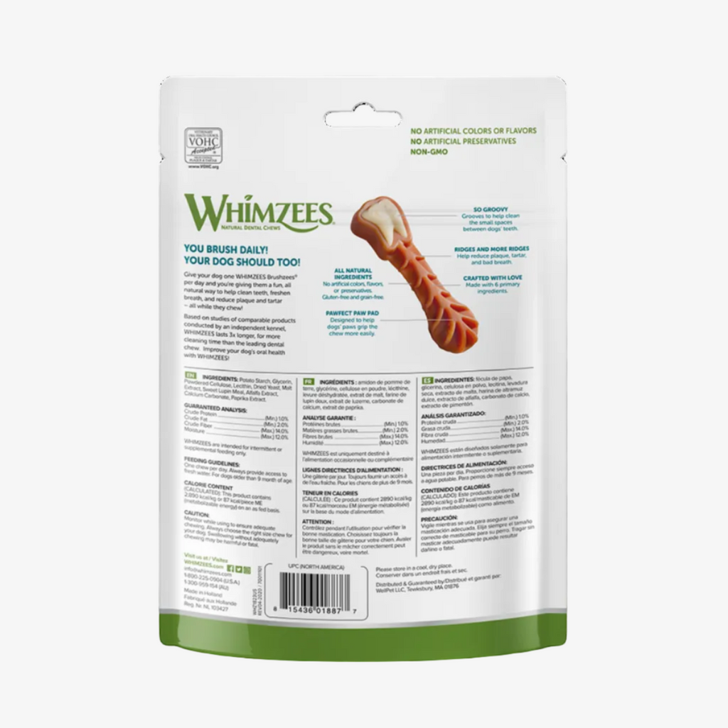 Back view of Whimzees dog chew packaging with text and a bone illustration.