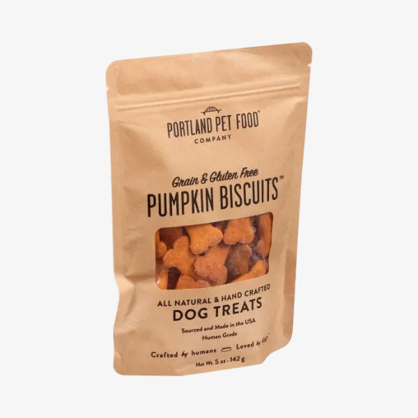 Package of Portland Pet Food Company pumpkin biscuits on a white background