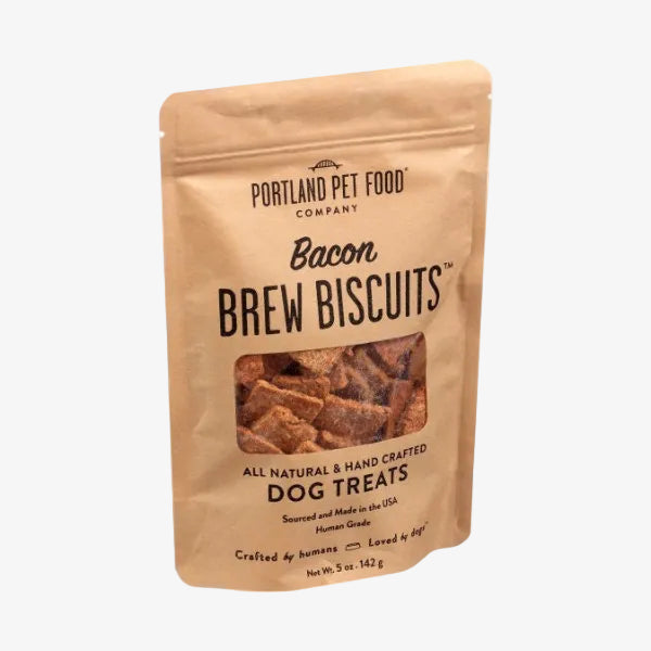 Package of Portland Pet Food Company Bacon Brew Biscuits dog treats on a white background