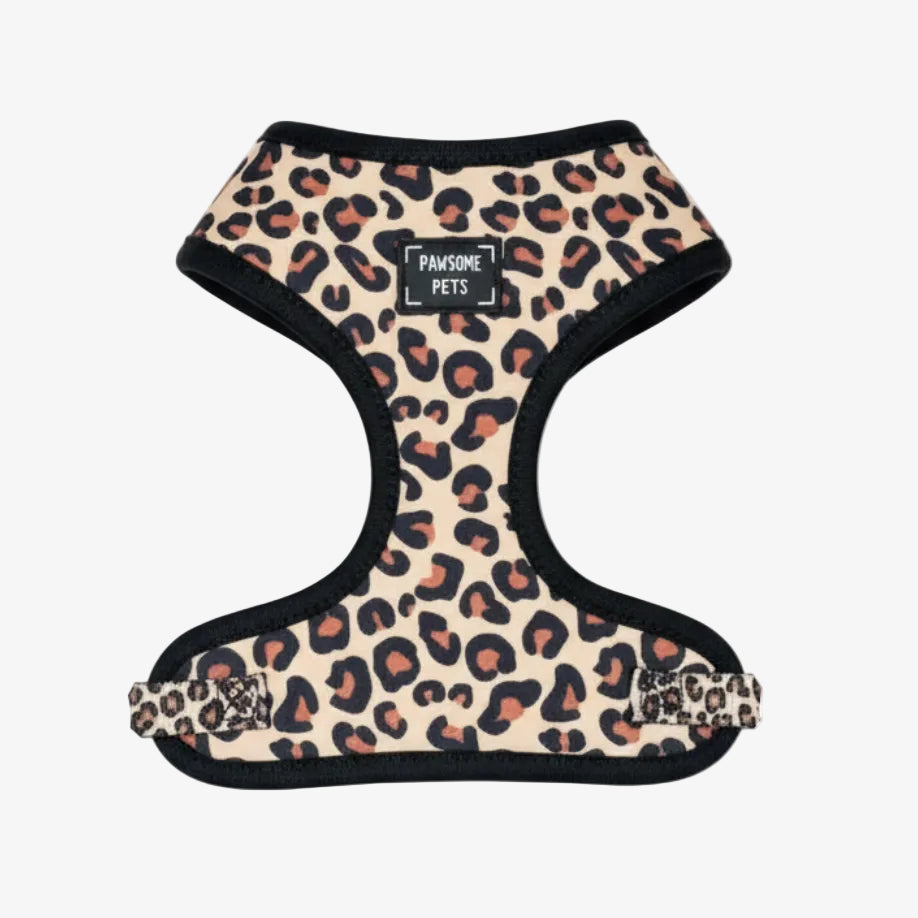 Leopard print dog harness with 'Pawsome Pets' label on a white background