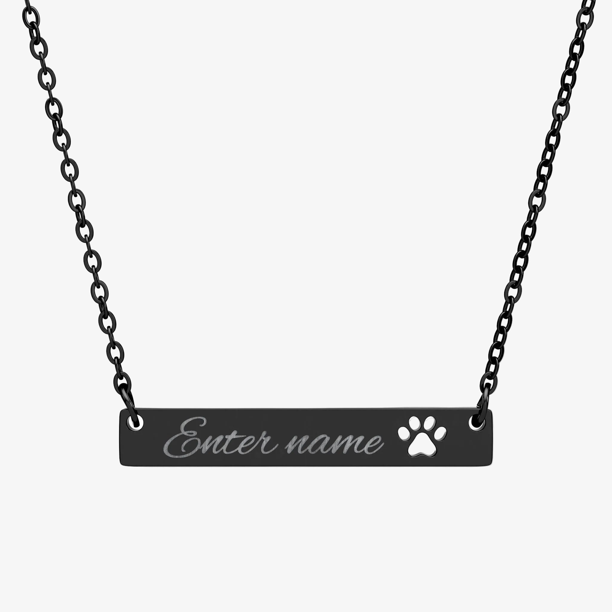 Necklace with a bar pendant with paw engraving that allows to choose a custom name on a white background