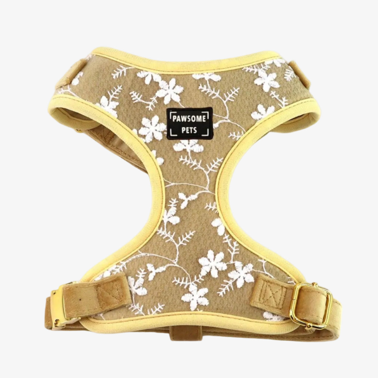 Dog harness with floral pattern and 'Pawsome Pets' label on a white background