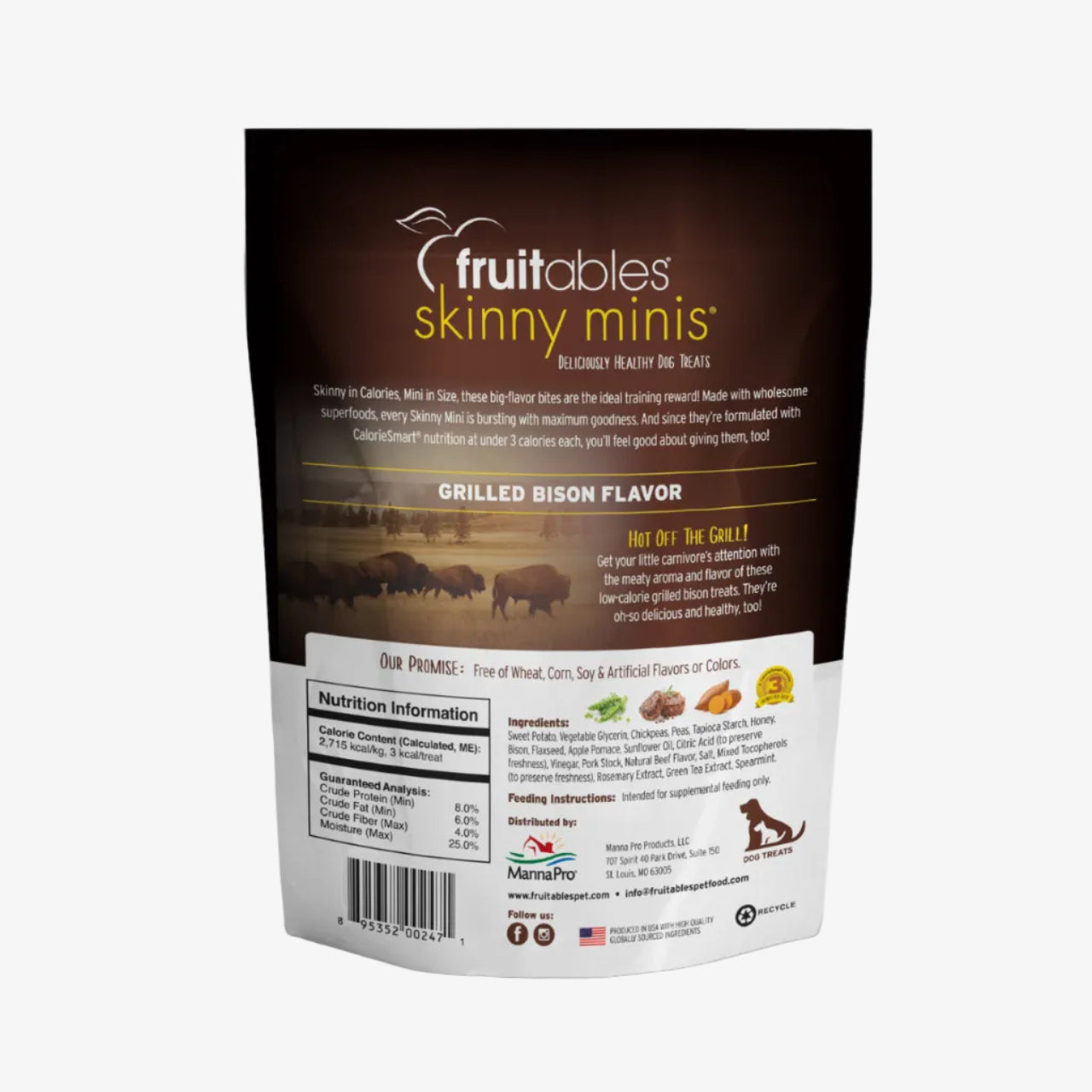 Package of Fruitables Skinny Minis Grilled Bison Flavor dog treats on a white background