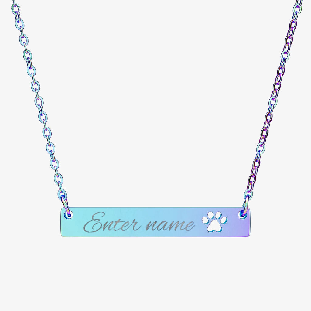 Necklace with a bar pendant with paw engraving that allows to choose a custom name on a white background