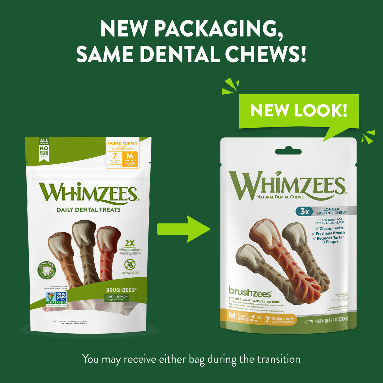 Whimzees brushzeezes dental chews for dogs (4 X 7.4oz )