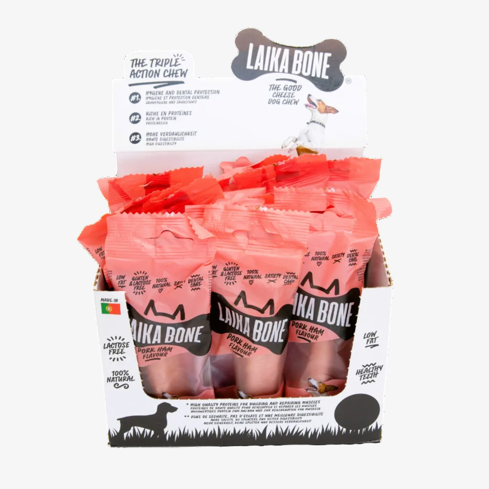 Box of Laika Bone dog chews with visible packaging design.