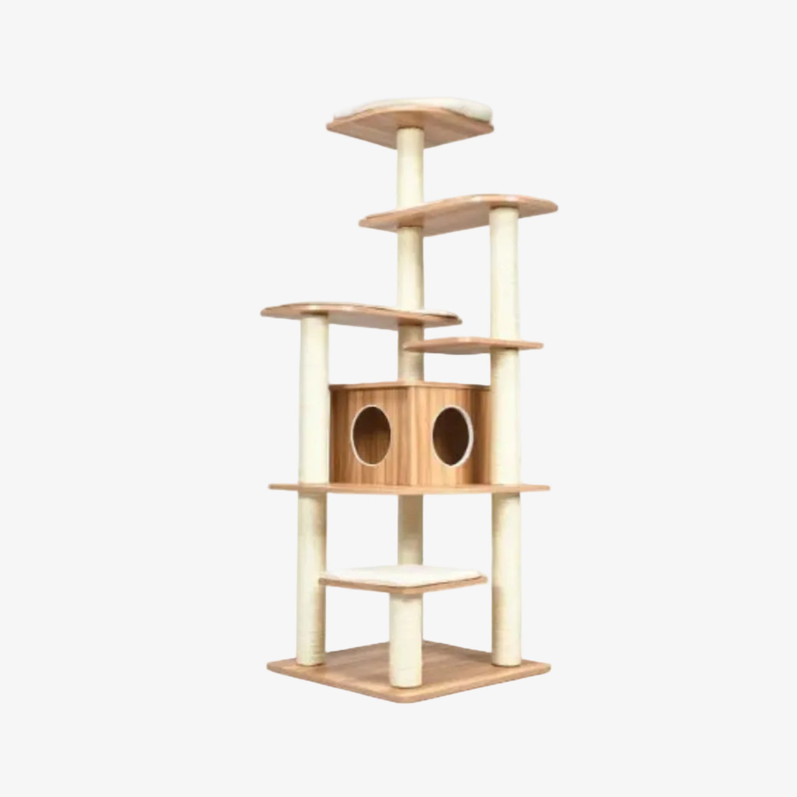 Wooden cat tree with multiple levels and a cylindrical cat house on a white background