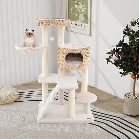 Modern Cat Tree for Indoor Cats with Cattail Fluff Condo and Top Perch-Natural