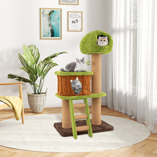 Cute Cat Tree for Indoor Cats with Mushroom-shaped Nest Condo and Climbing Ladder-Green