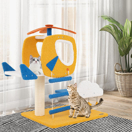 Indoor Small Aviation-themed Cat Tree Cat Tower with Helicopter Top Perch-Yellow