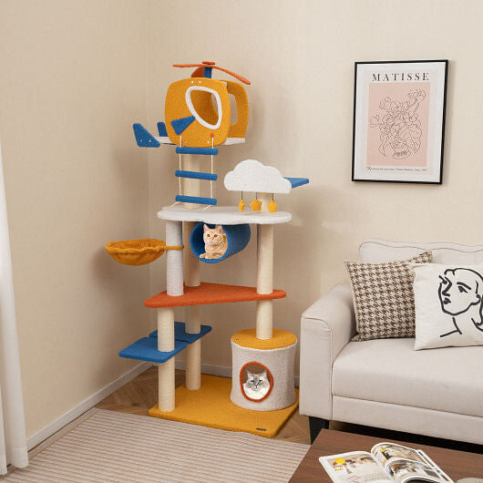 70 Inch Tall Aviation-themed Cat Tree with Helicopter Top Perch and Platforms-Yellow