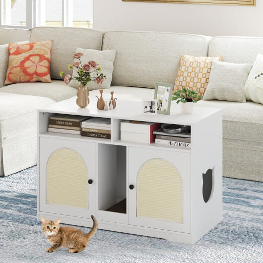 43 Inches Cat Litter Box Enclosure with Storage and Double Rooms-White-0