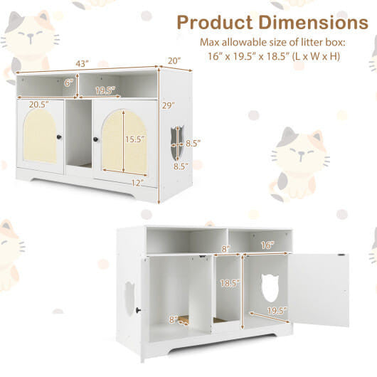 43 Inches Cat Litter Box Enclosure with Storage and Double Rooms-White-3