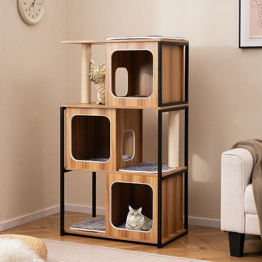 Modern Cat Tree Cat House with Metal Frame and Scratching Posts-Natural
