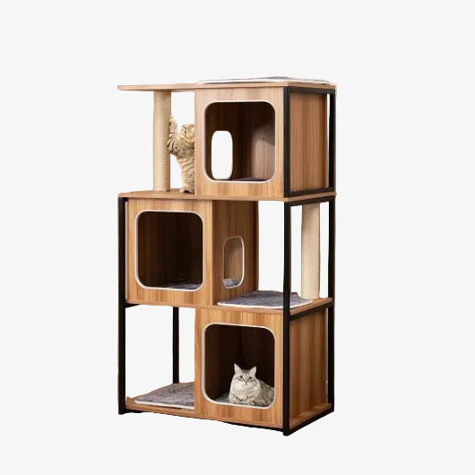 modern 3 squared cat tree with 6 lying options made of wood and metal