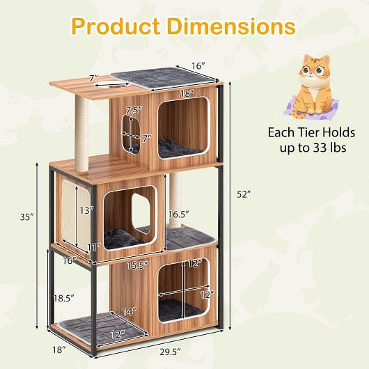 Modern Cat Tree Cat House with Metal Frame and Scratching Posts-Natural