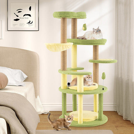 Multi-level Cat Tree Avocado Theme Cat Tower with Wide Perch Rotatable Basket-Green