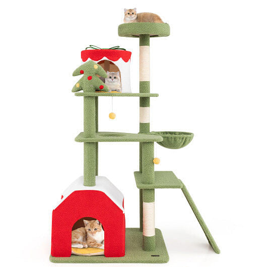61 Inches Cute Christmas Cat Tree with Sisal Scratching Posts and 2 Condos-Green-0