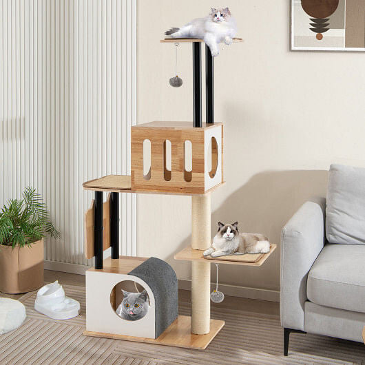 Modern Tall Cat Tower with Double Condos with Dangling Balls and Sisal Carpets-Natural