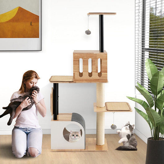 Modern Tall Cat Tower with Double Condos with Dangling Balls and Sisal Carpets-Natural