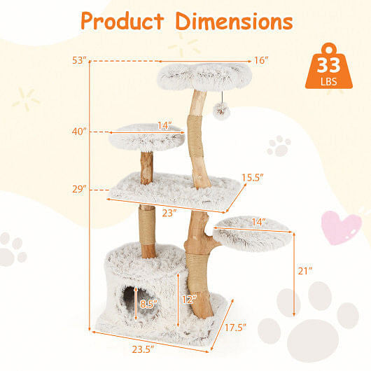 Modern Cat Tree 53 Inch Tall Natural Branch Wooden Cat Tower with Jute Scratching Posts-White