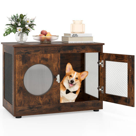 Furniture Style Dog Crate for Small and Medium Dogs with Translucent Window and Lockable Door-Rusti