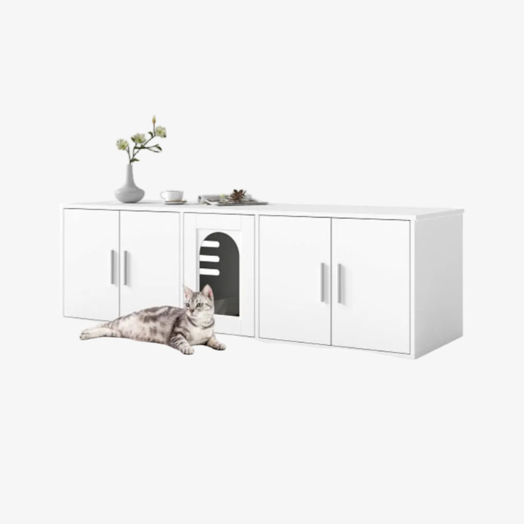 Cat Litter Box Enclosure for 2 Cats with Double Rooms and Sisal Scratching Mat-White