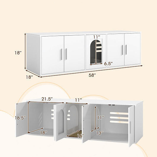 Dimensions of a white pet litter box with measurements