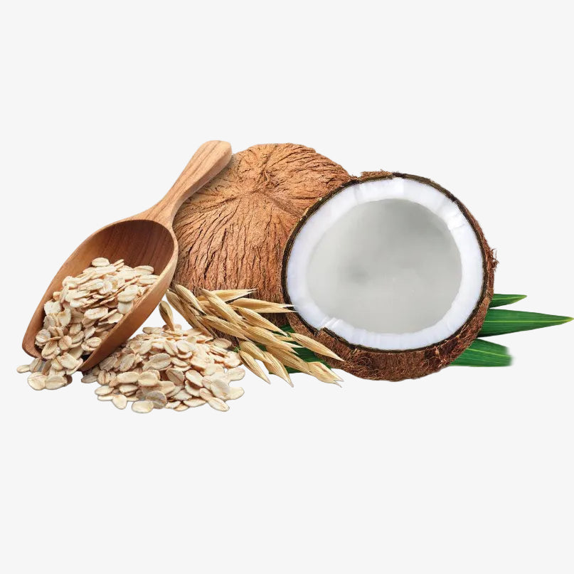 Coconut, oats, and a wooden spoon on a white background