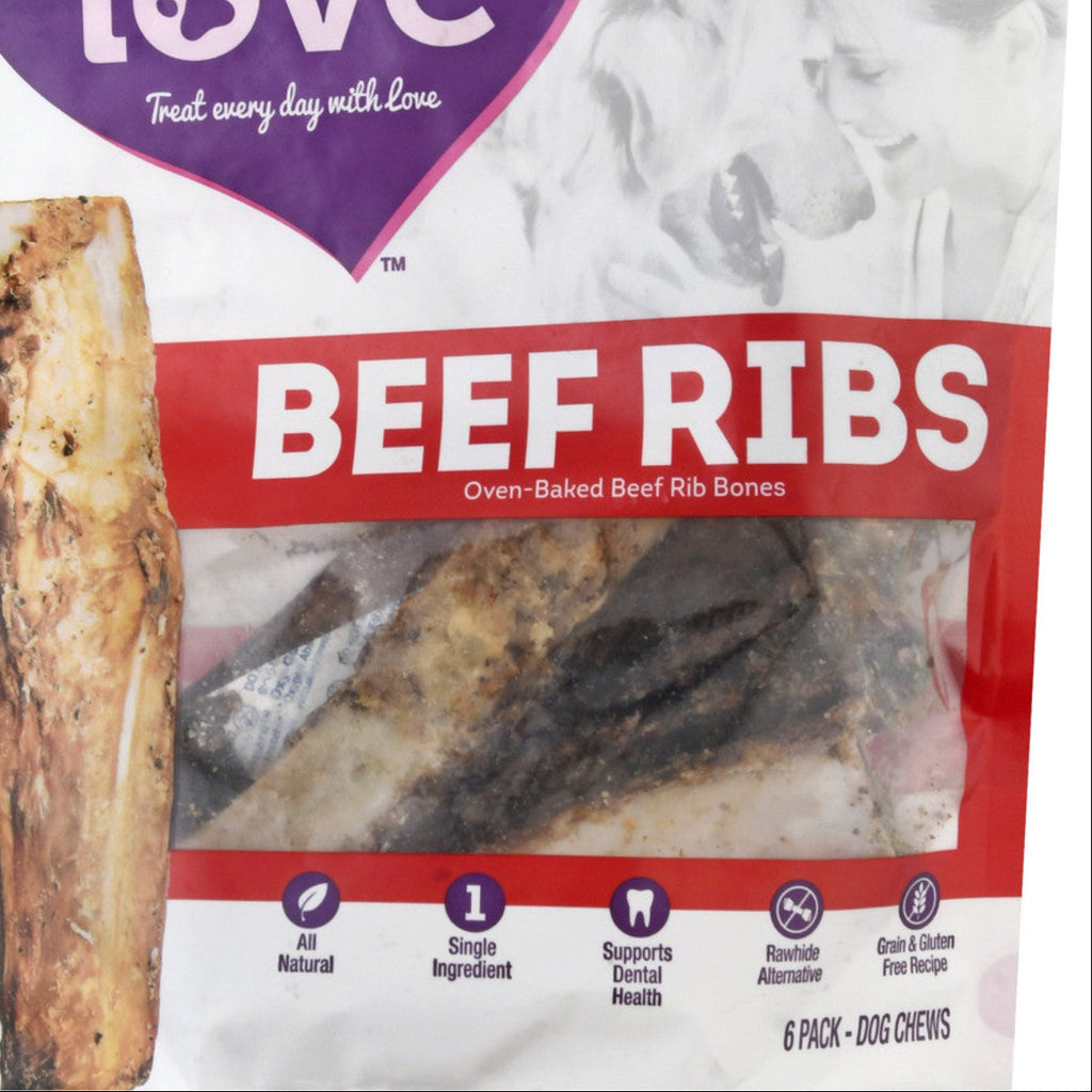Package of 'paw love' beef ribs dog chews with a heart-shaped logo on a white background.