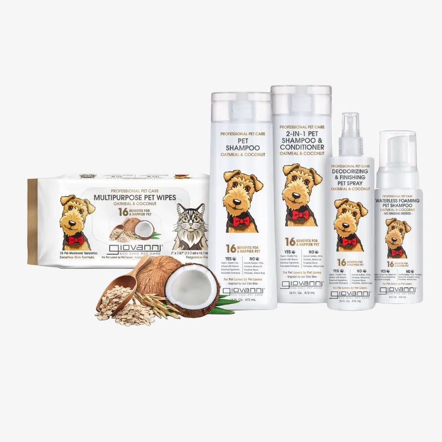 Giovanni pet care products including shampoo, conditioner, wipes, and deodorizing spray on a white background.