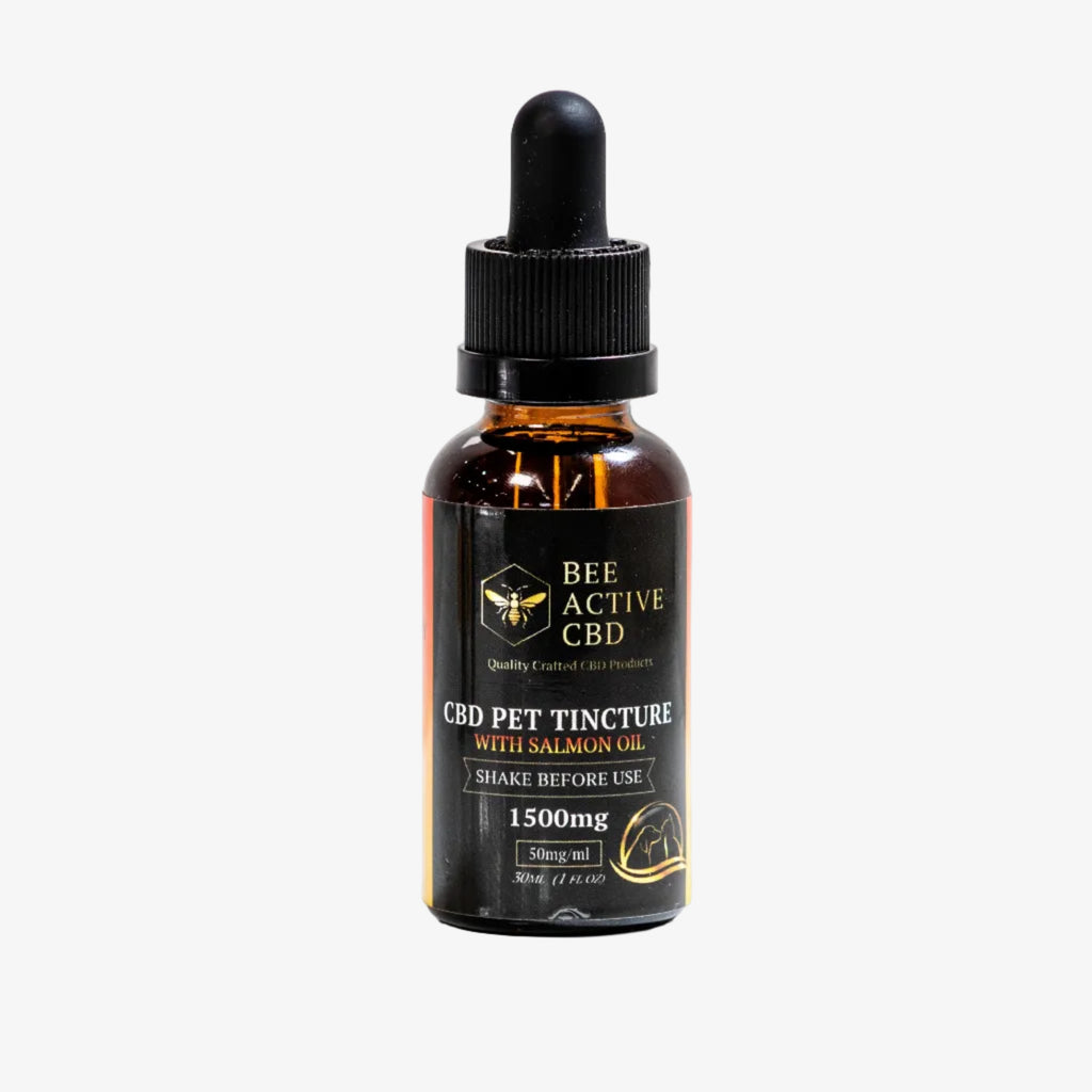 CBD pet tincture bottle with dropper on a white background