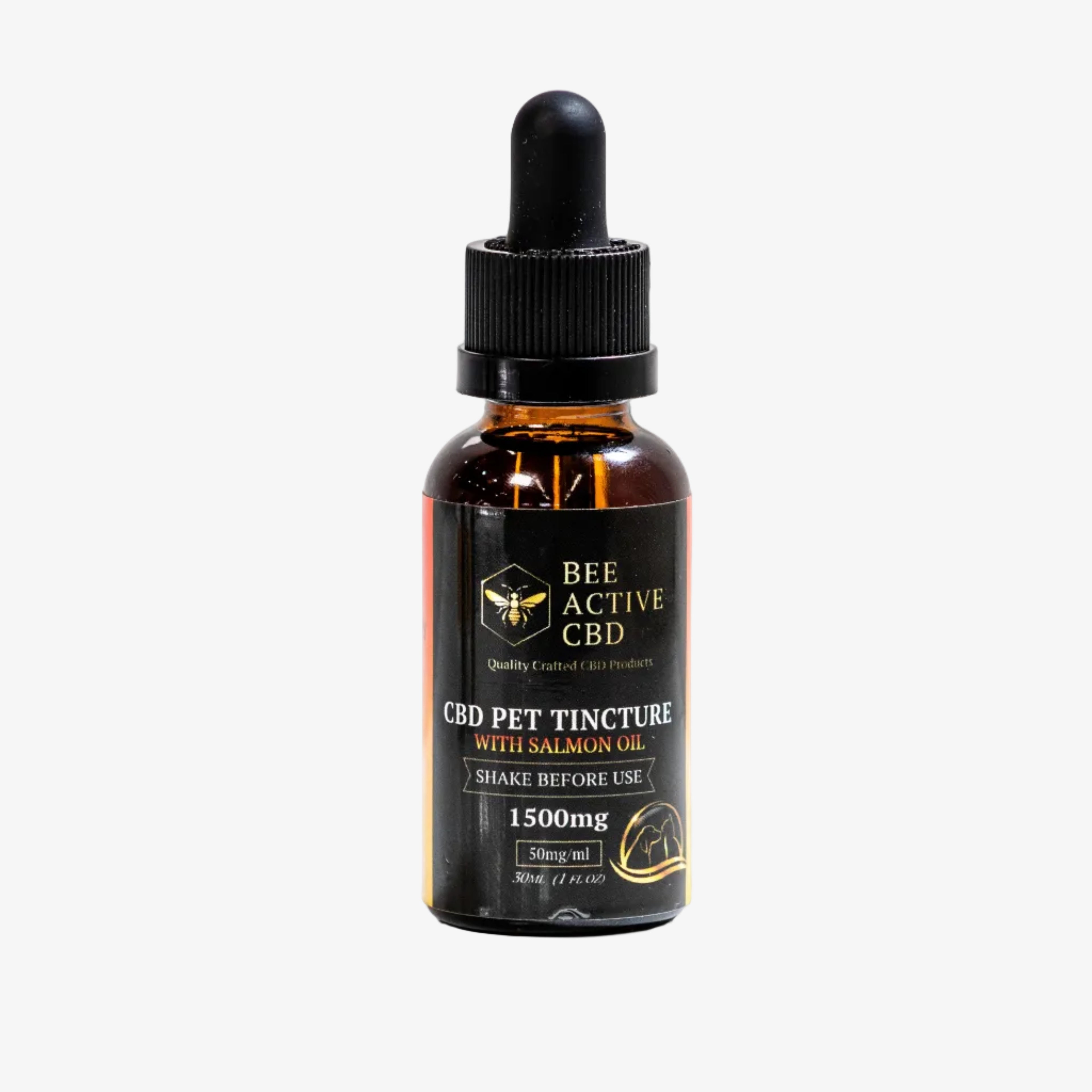CBD pet tincture bottle with dropper on a white background