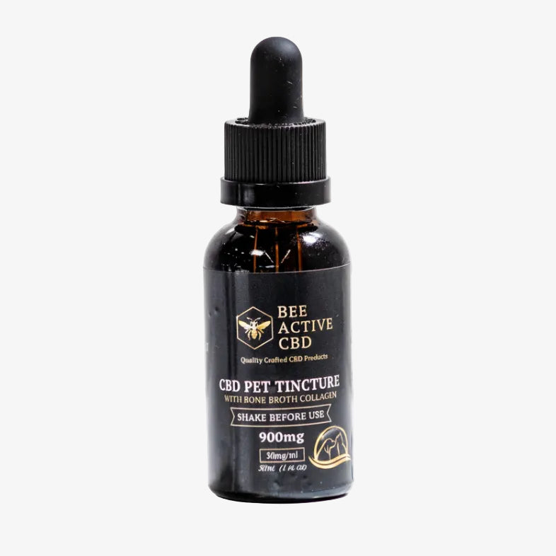CBD pet tincture bottle with dropper labeled 'Bee Active CBD' on a white background