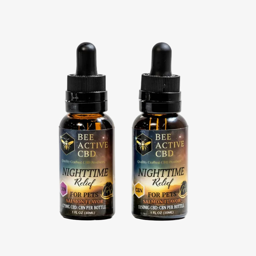 Two bottles of Bee Active CBD Nighttime Relief for pets on a white background