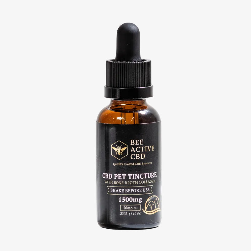 Bee Active CBD Pet Tincture bottle with dropper on a white background