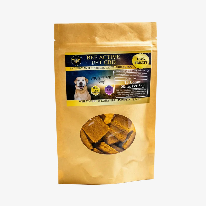 Bag of Bee Active Pet CBD treats for dogs on a white background