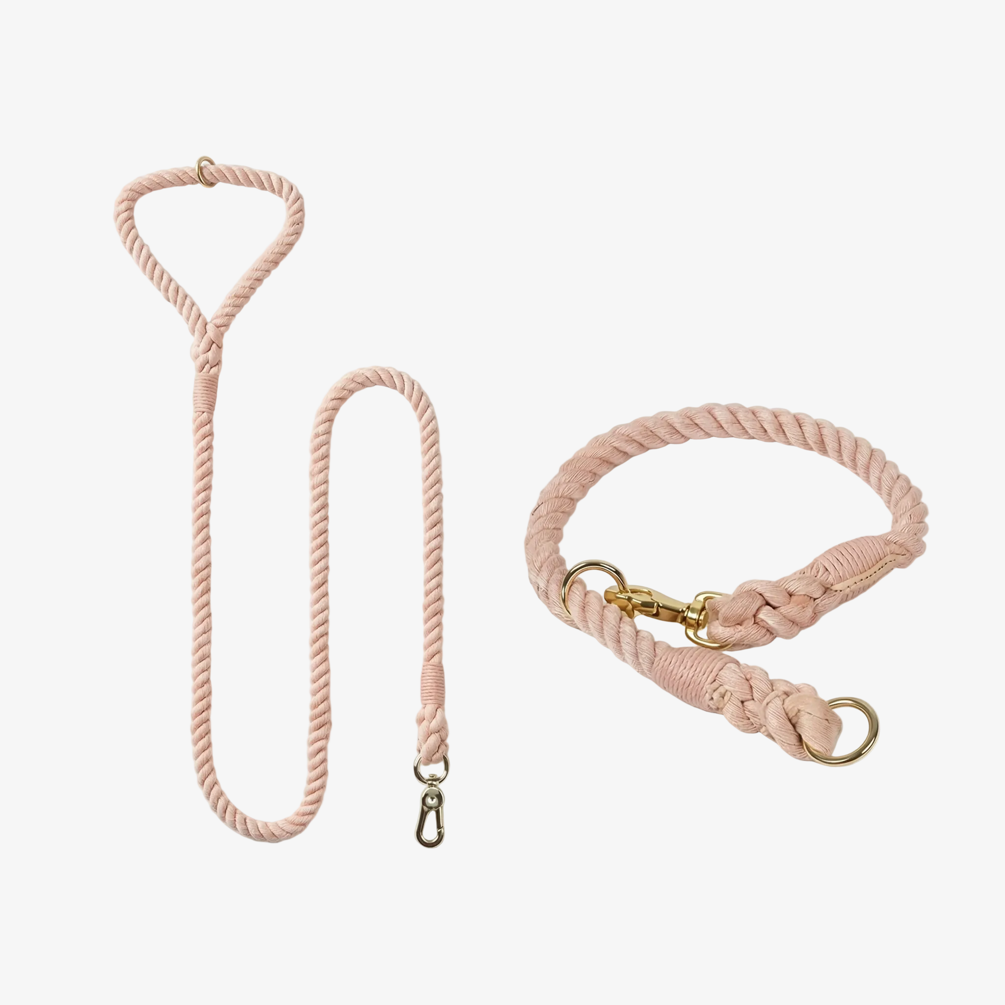 Pink dog leash and collar set on a light gray background
