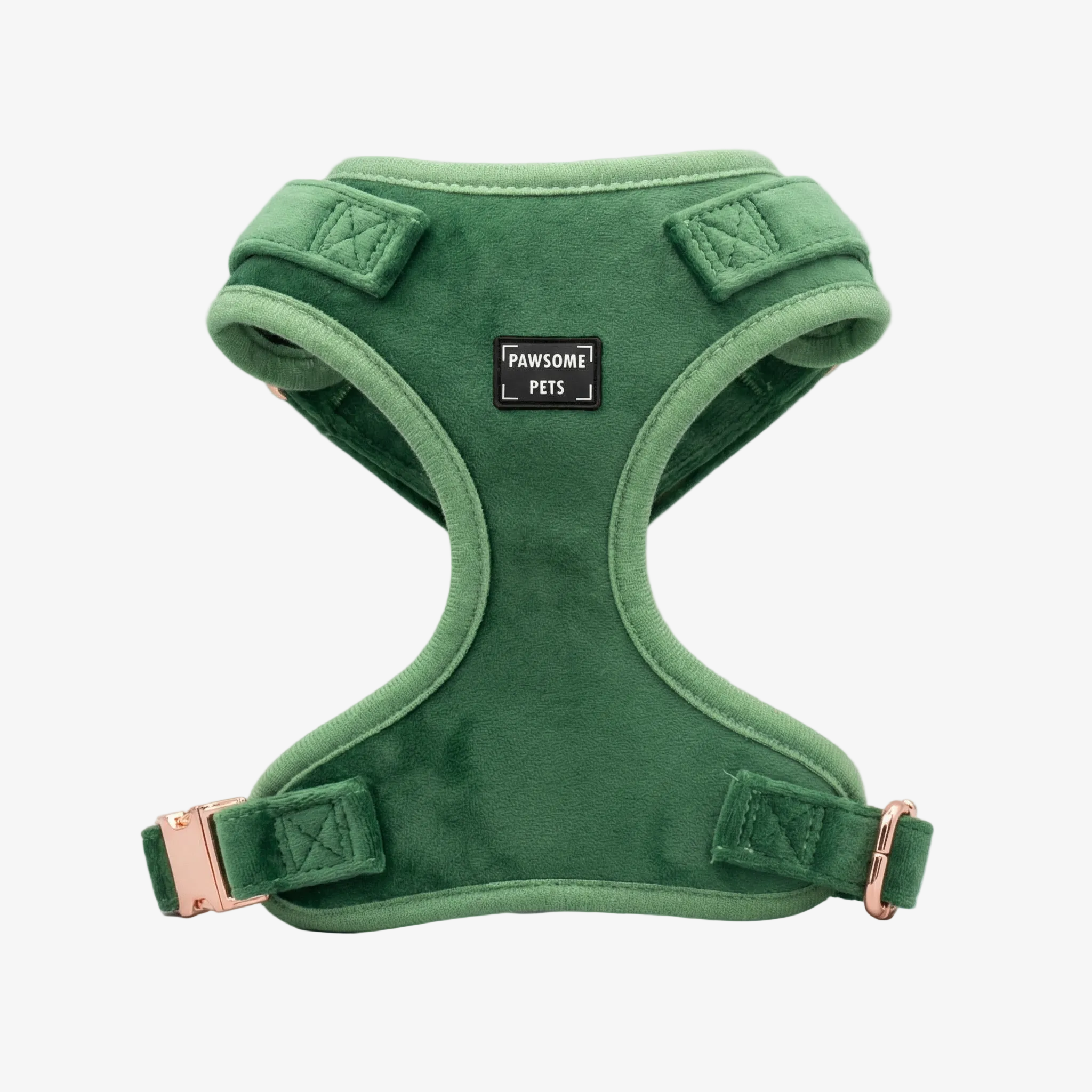 Green dog harness with 'Pawsome Pets' label on a light gray background