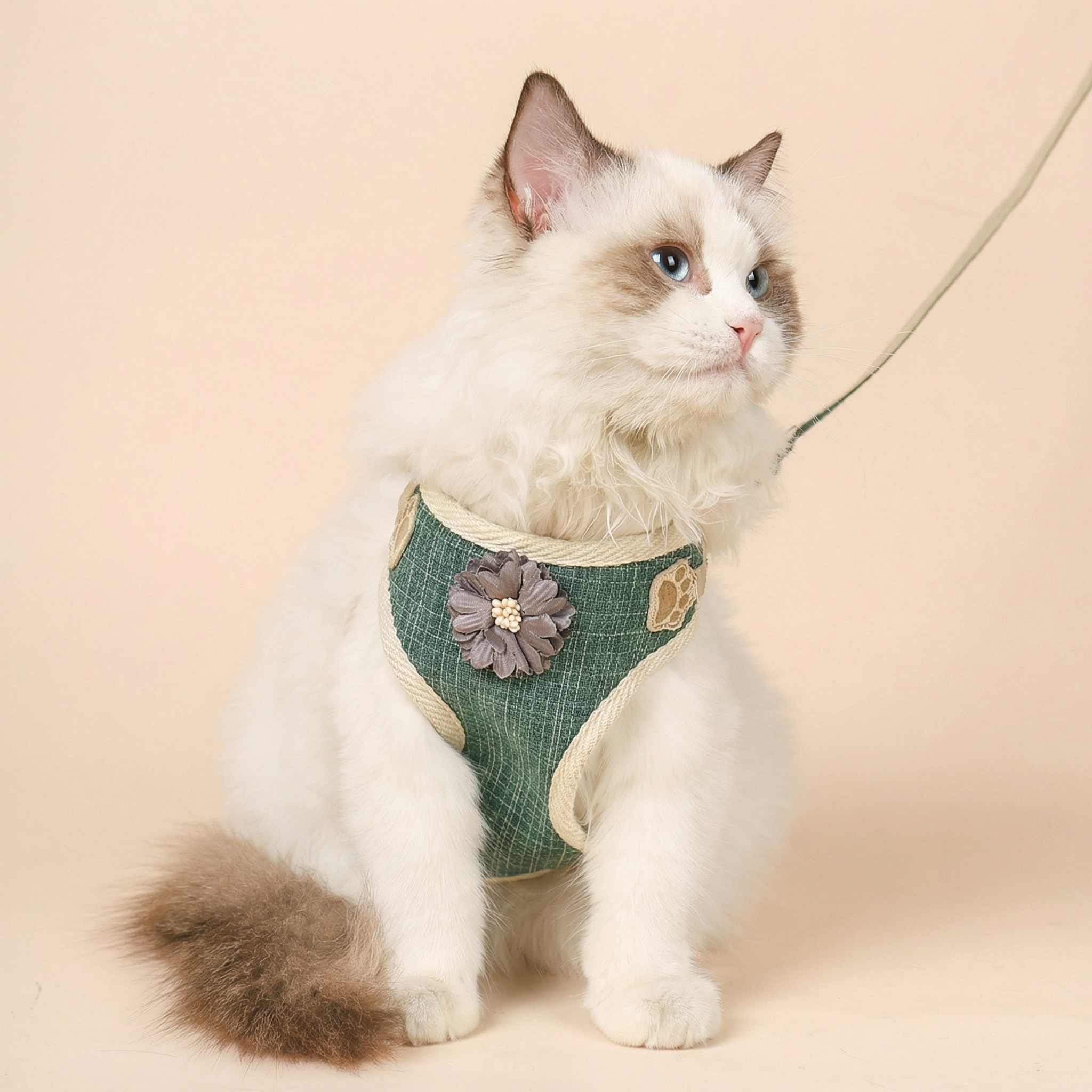 Cat wearing a green harness with floral design on a beige background